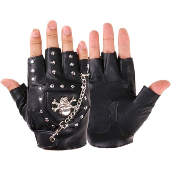 Men Black Half Finger Punk Rivets with Metal Chain Motorcycles PU Leather Gloves - Picture 7 of 7